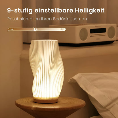 DreamWave - Moderne cremefarbene 3D-Wellenlampe mit elegantem Holzsockel
