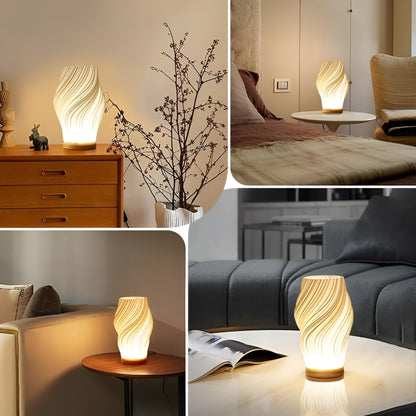 DreamWave - Moderne cremefarbene 3D-Wellenlampe mit elegantem Holzsockel