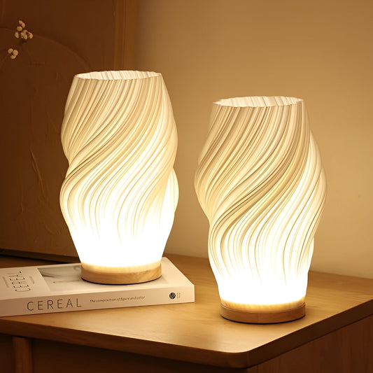 DreamWave - Moderne cremefarbene 3D-Wellenlampe mit elegantem Holzsockel