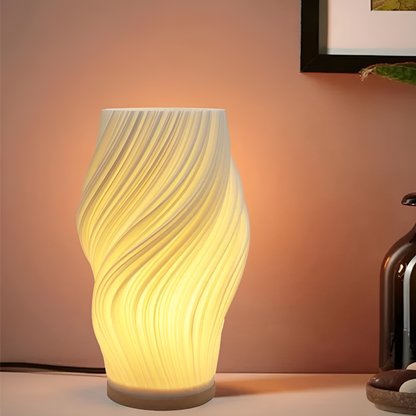 DreamWave - Moderne cremefarbene 3D-Wellenlampe mit elegantem Holzsockel